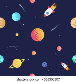 Seamless Adventure Space Pattern With Rockets, Planets, Stars And Dashed Traces Over The Dark Night Sky Background. Flat Design Space