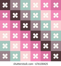 Seamless aesthetic geometric pattern. Abstract minimalistic tiles ornament with cross elements in white on colorful block background. Simple print. Vector repeating texture. Modern design swatch.