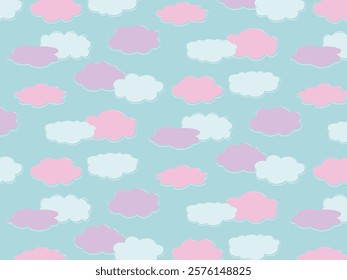 Seamless aesthetic, light pattern of vector pastel clouds on blue sky. Flat style.