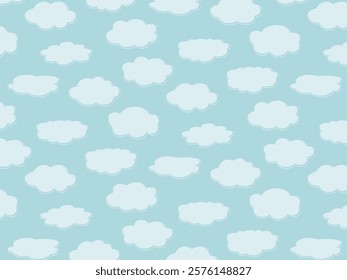 Seamless aesthetic, light pattern of vector pastel clouds on blue sky. Flat style.