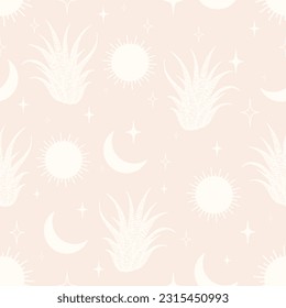 Seamless aesthetic pattern with blossom cactus on desert.