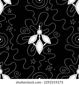 Patrón estético sin foco con cristales mágicos. Una interminable textura musulmana moderna sobre el negro. Concepto De Resumen Futurista. Ilustración del contorno vectorial. Página Libro de Coloración