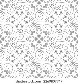 Patrón estético sin foco con flores místicas cósmicas. Fondo texturizado de fantasía. Concepto De Resumen Futurista. Ilustración del contorno vectorial. Página Libro de Coloración