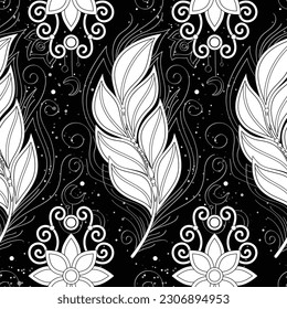 Seamless Aesthetic Pattern with Mystical Cosmic Feather and Flowers on Black. Aesthetic Object with Oriental Stylization. Futuristic Dreaming Concept. Vector Contour Illustration. Coloring Book Page