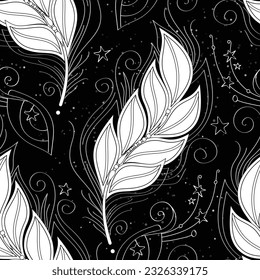 Seamless Aesthetic Pattern with Mystical Cosmic Feather on Black. Aesthetic Object with Oriental Stylization. Futuristic Dreaming Concept. Vector Contour Illustration. Coloring Book Page