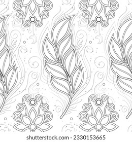 Seamless Aesthetic Pattern with Mystical Cosmic Feather and Flowers on White. Aesthetic Object with Oriental Stylization. Futuristic Dreaming Concept. Vector Contour Illustration. Coloring Book Page