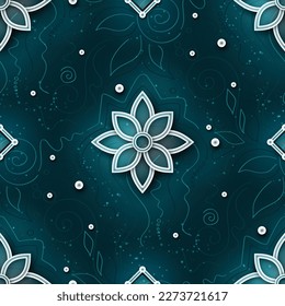 Seamless Aesthetic Pattern with Textured Background and Mystical Cosmic Flowers. Endless Modern Texture. Futuristic Abstract Concept. Fantasy Background. Vector 3d Illustration