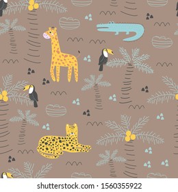 Seamless Africa pattern with exotic animals giraffe, Cheetah, crocodile and Toucan bird. Vector illustration for printing on fabric, wrapping paper, Wallpaper. Cute baby background. 