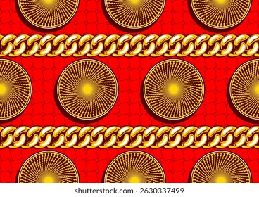 Seamless African abstract circle pattern on a red background, hand drawn tribal textile art. Ethnic fashion design for fabric and clothing prints. vector art, not generated by AI.