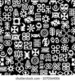 Seamless African Adinkra Pattern - black and white digital art ritual symbols and screen printing nations and tribes Akans of Ghana and Cote DIvoire.