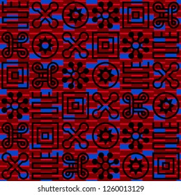 Seamless African Adinkra pattern. Hand stamp printing. National ritual black and white symbols.