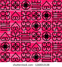 Seamless African Adinkra pattern. Hand stamp printing. National ritual black and white symbols.