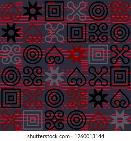 Seamless African Adinkra pattern. Hand stamp printing. National ritual black and white symbols.