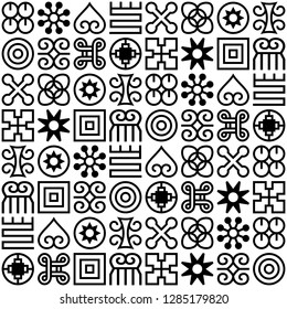 Seamless African Adinkra pattern. Hand stamp printing. National ritual black and white symbols.