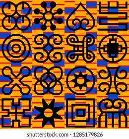 Seamless African Adinkra pattern. Hand stamp printing. National ritual black and white symbols.