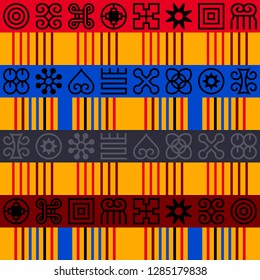 Seamless African Adinkra pattern. Hand stamp printing. National ritual black and white symbols.