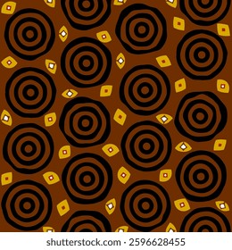 Seamless african Adinkrahene sign pattern. Ethnic and tribal motifs. Brown, khaki and black colors. Grunge texture. Vintage print for textiles. Bohemian hand-drawn ornament. Vector illustration.