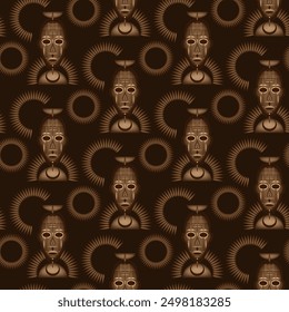 Seamless African background, ethnic tribal mask pattern, Primitive ritual masks of savages. Texture of vintage Afro Art design. Aztec Indian Maya Mexican traditional native culture in brown color 