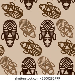 Seamless African background, ethnic tribal mask pattern, Primitive ritual masks of savages. Texture of vintage Afro Art design. Aztec Indian Maya Mexican traditional native culture in brown color