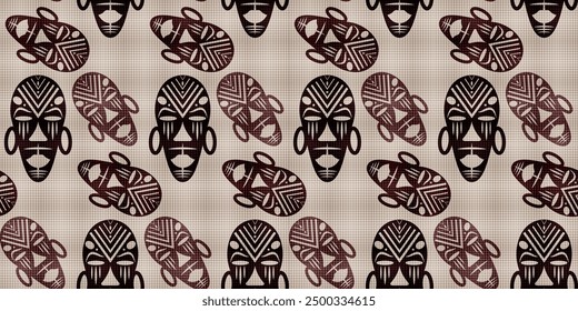 Seamless African background, ethnic tribal mask pattern, Primitive ritual masks of savages. Texture of vintage Afro Art design. Aztec Indian Maya Mexican traditional native culture in brown color