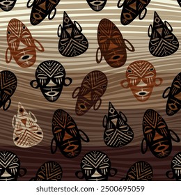 Seamless African background, ethnic tribal mask pattern, Primitive ritual masks of savages. Texture of vintage Afro Art design. Aztec Indian Maya Mexican traditional native culture in brown color