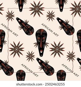 Seamless African background, ethnic tribal mask pattern, Primitive ritual masks of savages. Texture of vintage Afro Art design. Aztec Indian Maya Mexican traditional native culture in brown color