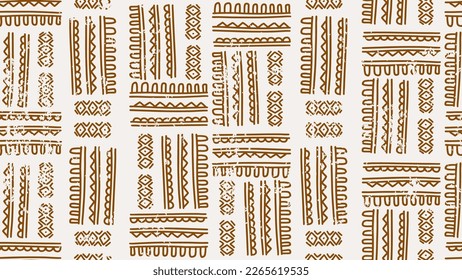 seamless african doodle stripes drawing pattern, Vector hand drawn brown on white background, texture old ornament decoration.