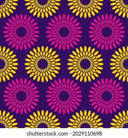 Seamless African Fashion Vector Pattern With Circles, Round Shapes. Bright, Vibrant Colors. Purple, Yellow Colors. Color Illustration.