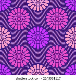 Seamless African Fashion Vector Pattern With Circles, Round Shapes. Bright, Vibrant Colors. Pink, Purple Colors. Color Illustration.