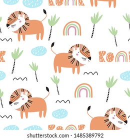 Seamless African lion pattern. Vector illustration, depicting an animal in nature, for printing on fabric, Wallpaper, dishes, postcard, picture, pastel linen. Cute baby background.