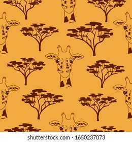 Nahtloses afrikanisches Orangenmuster mit Giraffenköpfen und Bäumen