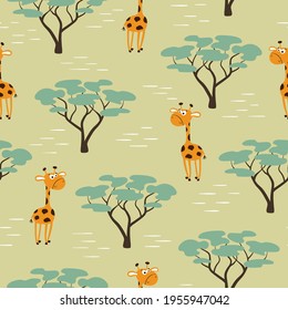 Patrón africano sin foco con jirafa de dibujos animados y árboles. Impresión de verano para los niños