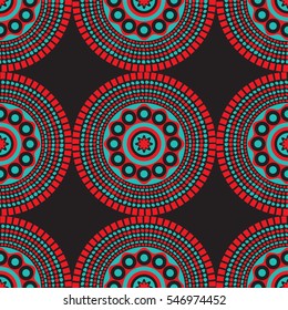 Seamless African pattern with circles and dots in red, teal and black