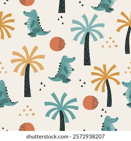 Seamless African pattern with cute crocodile and palm trees. Baby print, kids textile design