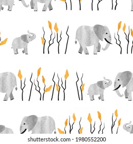 Seamless African pattern with cute elephant. Vector watercolor illustration.