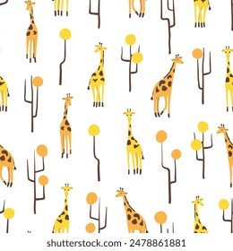 Patrón africano sin costuras con jirafa linda y árboles abstractos. Estampado de verano. Ilustración vectorial
