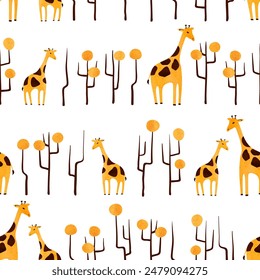 Patrón africano sin costuras con jirafa linda y árboles abstractos. Ilustración vectorial