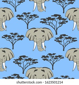 Seamless African pattern with elephant heads and trees