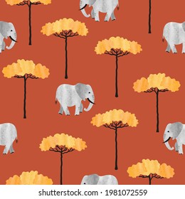 Seamless African pattern with elephants and trees. Vector watercolor illustration of savanna.