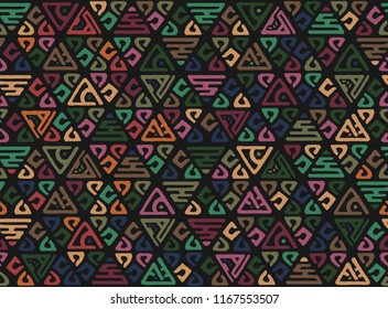 Seamless African pattern. Ethnic boho ornament on the carpet. Aztec style. Figure tribal embroidery. Indian, Mexican, folk pattern. Vector background