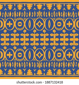 Nahtloses afrikanisches Muster. Ethnischer Teppich mit Chevronen. Stammesvektorschmuck. Aztec-Stil. Geometrisches Mosaik auf der Kachel, Majolika. Altes Interieur. Moderner Teppich. Geodruck auf Textilien. Kente Tuch.