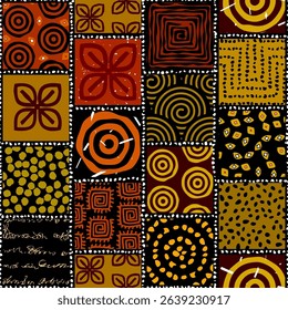Seamless african pattern. Ethnic and tribal motifs. Brown, red, khaki and black colors. Grunge texture. Vintage print for textiles. Patchwork style. Vector illustration.