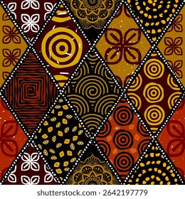 Motif africain harmonieux. Motifs ethniques et tribaux. Couleurs marron, rouge, kaki et noir. Texture grunge. Impression Vintage pour textiles. Style patchwork. Illustration vectorielle.