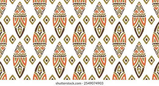 Padrão africano sem emenda com escudo de folha. Ornamento de vetor tribal de savana. Tapete de tecer desenhado à mão. Impressão geográfica moderna em têxtil. Design de tapete antigo para interior boêmio