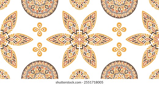 Seamless African pattern with leaf shield and circles. Savanna tribal vector ornament. Hand drawn weave ethnic carpet. Modern geo print on textile. Ancient rug design for bohemian interior