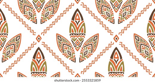 Padrão africano sem emenda com escudo de folha. Ornamento de vetor tribal de savana. Tapete de tecer desenhado à mão. Impressão geográfica moderna em têxtil. Design de tapete antigo para interior boêmio