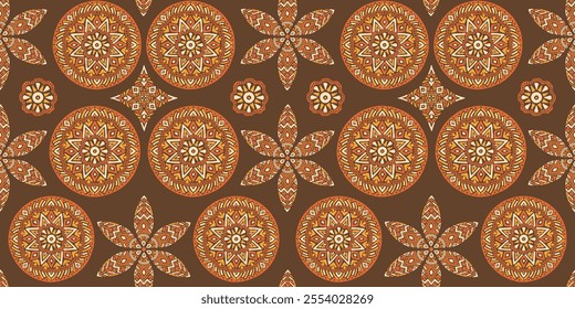 Seamless African pattern with leaf shield and circles. Savanna tribal vector ornament. Hand drawn weave ethnic carpet. Modern geo print on textile. Ancient rug design for bohemian interior