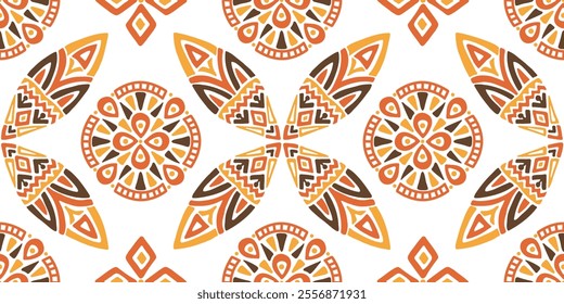 Seamless African pattern with leaf shield and circles. Savanna tribal vector ornament. Hand drawn weave ethnic carpet. Modern geo print on textile. Ancient rug design for bohemian interior