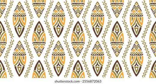 Seamless African pattern with leaf shield. Savanna tribal vector ornament. Hand drawn weave ethnic carpet. Modern geo print on textile. Ancient rug design for bohemian interior