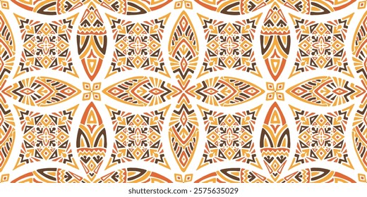 Seamless African pattern with leaf shield and diamond shape. Savanna tribal vector ornament. Hand drawn weave ethnic carpet. Modern geo print on textile. Ancient rug design for bohemian interior